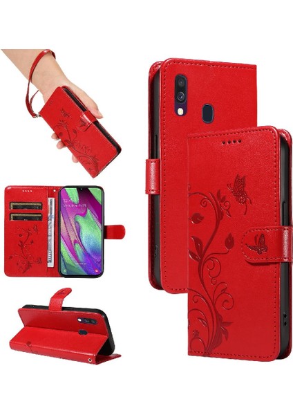 Samsung Galaxy A40 Kabartmalı Kelebek ve Kart Yuvası Yüksek Cüzdan (Yurt Dışından)