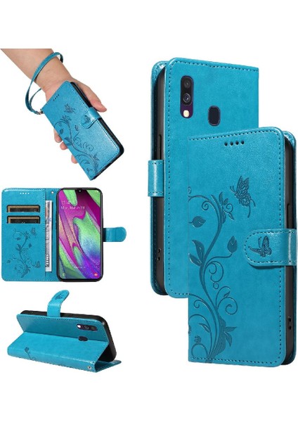 Samsung Galaxy A40 Kabartmalı Kelebek ve Kart Yuvası Yüksek Cüzdan (Yurt Dışından)