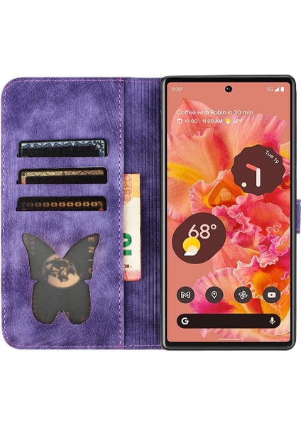 Google Piksel 8 Pro Kabartmalı Kelebek Kedi Tutucu Kapak Flip Için Kılıf (Yurt Dışından)
