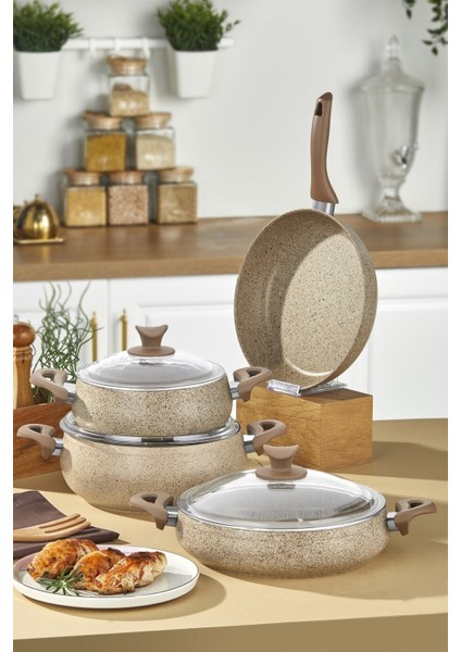 25 x 25 Mastercook Tombik 7 Parça Granit Tencere Seti Altın Rengi Granit 2,3 L Granit 4 Parça Kahve