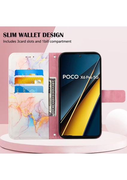 Xiaomi Poco X6 Pro Mermer Desen Pu Deri Cüzdan Kickstand (Yurt Dışından) modelleri