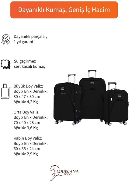 3'lü Valiz Seti 4 Teker Kumaş Valiz Siyah 1081