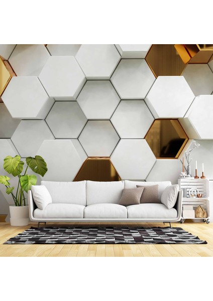 3 Boyutlu Gold Beyaz Altıgen Modern Duvar Kağıdı Baskı