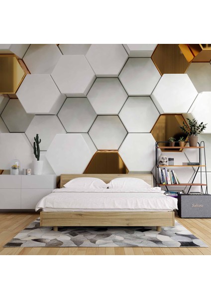 3 Boyutlu Gold Beyaz Altıgen Modern Duvar Kağıdı Baskı