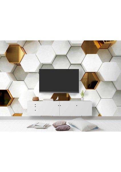 3 Boyutlu Gold Beyaz Altıgen Modern Duvar Kağıdı Baskı