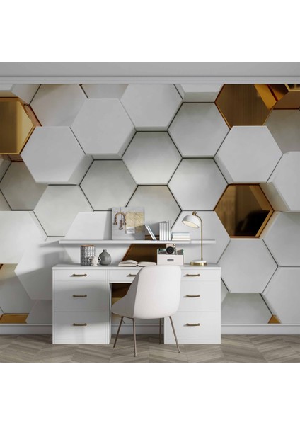 3 Boyutlu Gold Beyaz Altıgen Modern Duvar Kağıdı Baskı