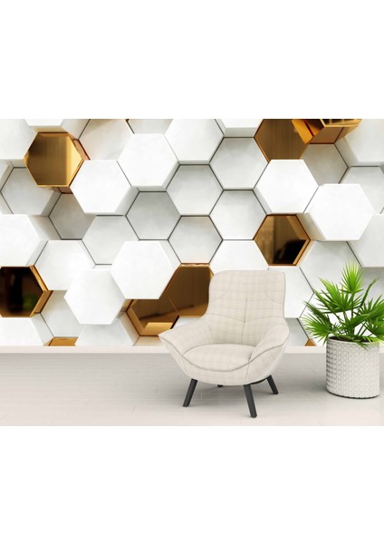3 Boyutlu Gold Beyaz Altıgen Modern Duvar Kağıdı Baskı