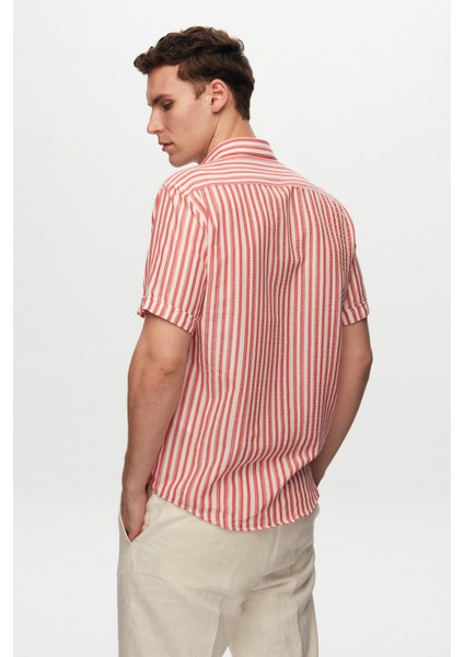 Slim Fit Kırmızı Gofre Çizgili Kısa Kollu Yazlık Gömlek 8HC02ORT04265 fırsatları