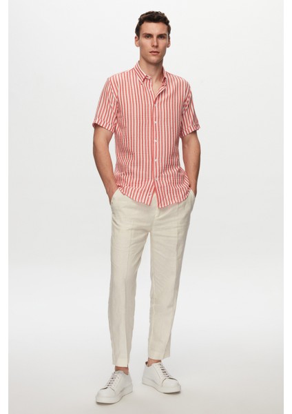 Slim Fit Kırmızı Gofre Çizgili Kısa Kollu Yazlık Gömlek 8HC02ORT04265 indirimleri