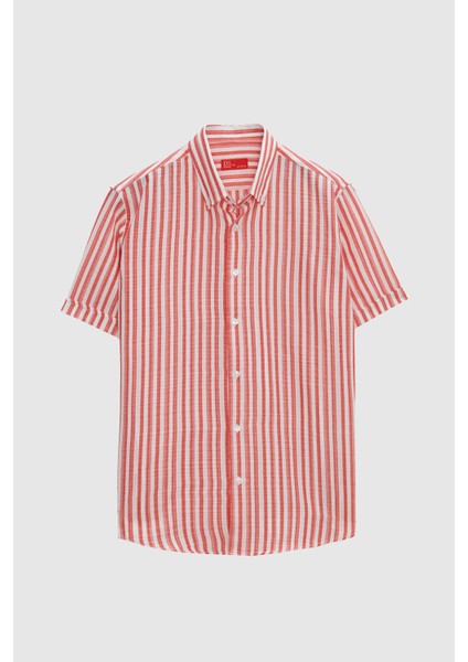 Slim Fit Kırmızı Gofre Çizgili Kısa Kollu Yazlık Gömlek 8HC02ORT04265