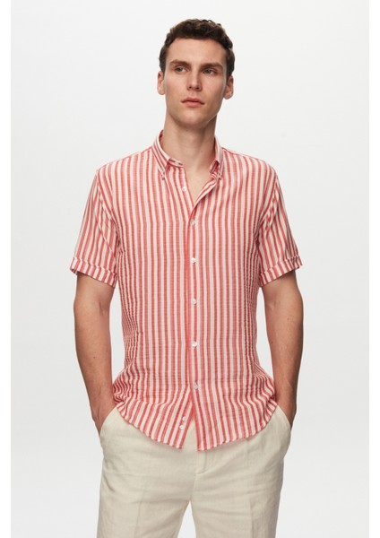 Slim Fit Kırmızı Gofre Çizgili Kısa Kollu Yazlık Gömlek 8HC02ORT04265