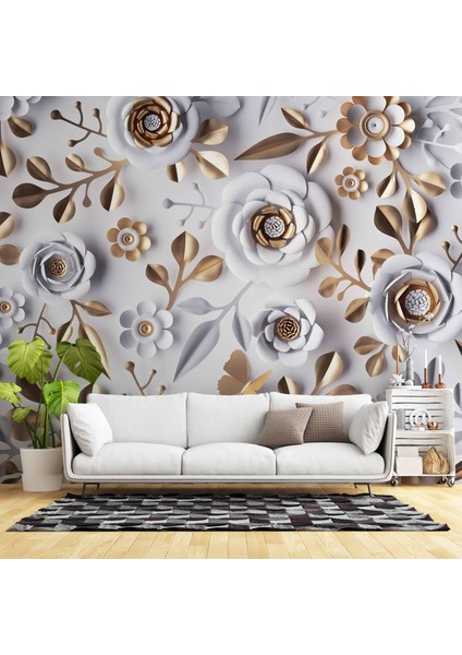 3 Boyutlu Gold-Beyaz Çiçek Ve Yaprak Desenli Modern Duvar Kağıdı Baskı