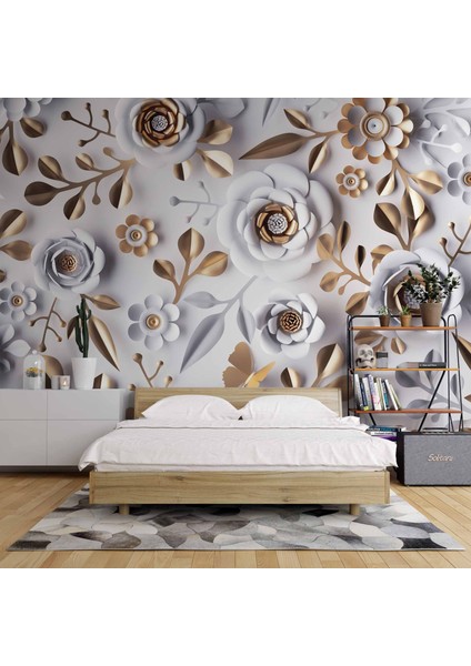 3 Boyutlu Gold-Beyaz Çiçek Ve Yaprak Desenli Modern Duvar Kağıdı Baskı