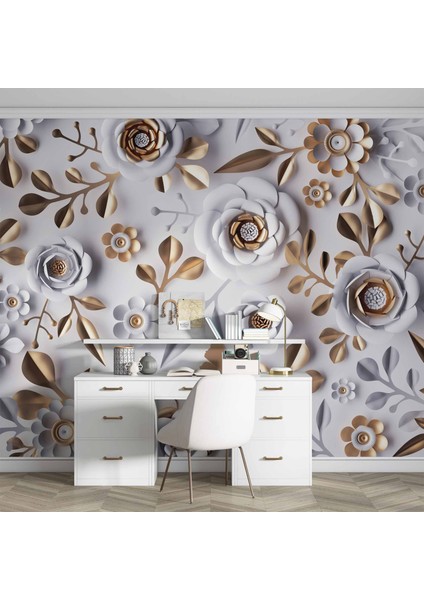 3 Boyutlu Gold-Beyaz Çiçek Ve Yaprak Desenli Modern Duvar Kağıdı Baskı