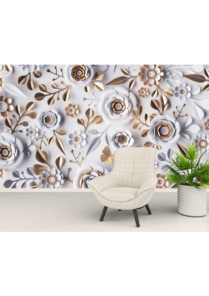 3 Boyutlu Gold-Beyaz Çiçek Ve Yaprak Desenli Modern Duvar Kağıdı Baskı
