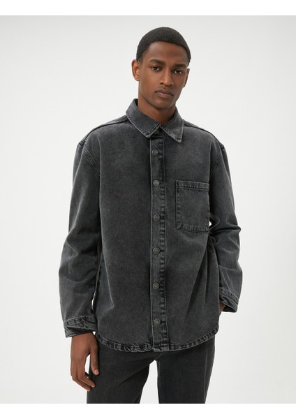 Yıkamalı Kot Gömlek Ceket Uzun Kollu Tek Cep Detaylı Klasik Yaka Pamuklu fırsatları