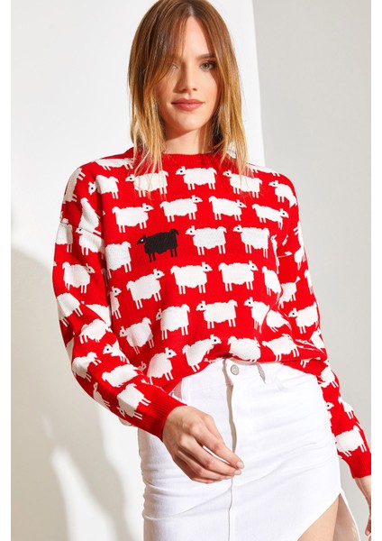 Kadın Koyun Desenli Triko Kazak