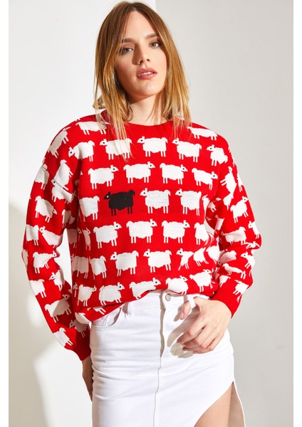 Kadın Koyun Desenli Triko Kazak modelleri