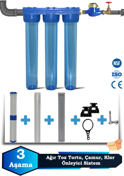 Atlantis Daire Bina Girişi 20 Inch 3 Aşama Su Arıtma Yumuşatma Cihazı(Toz Tortu,koku Önleyici Set)