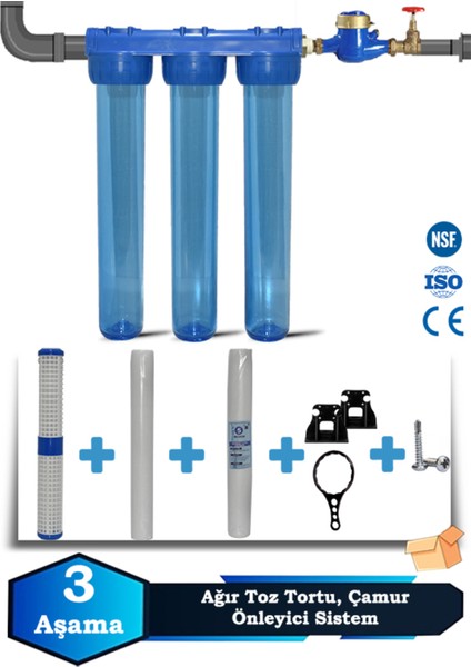 Atlantis Daire Bina Girişi 20 Inch 3 Aşama Su Arıtma Yumuşatma Cihazı(Toz Tortu,çamur Önleyici Set)