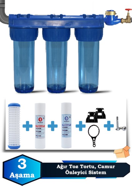 Atlantis Daire Bina Girişi 10 Inch 3 Aşama Su Arıtma Yumuşatma Cihazı(Toz Tortu,çamur Önleyici Set)