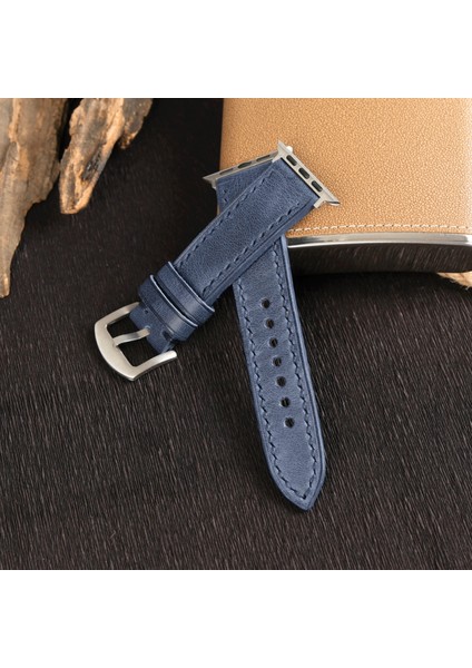 Apple Watch Deri Kordon 38MM 40MM 41MM Seri 3 4 5 6 7 Se 8 9 Uyumlu Mavi Hakiki Deri Kayış