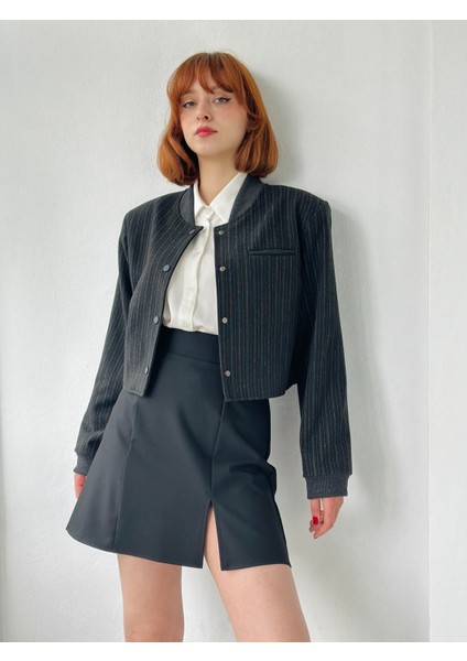 Omuzları Vatkalı Bomber Kısa Ceket Kadın Antrasit fiyatları