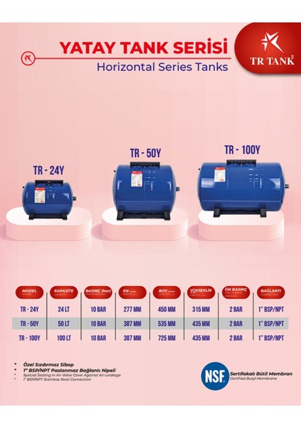 Trtank Profesyonel 50 Litre Yatay Ayaklı Nsf Membranlı Hidrofor Genleşme Tankı