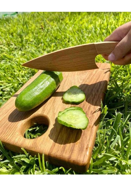 Ahşap Güvenli Çocuk Kesme Tahtası ve Tekli Bıçak Seti