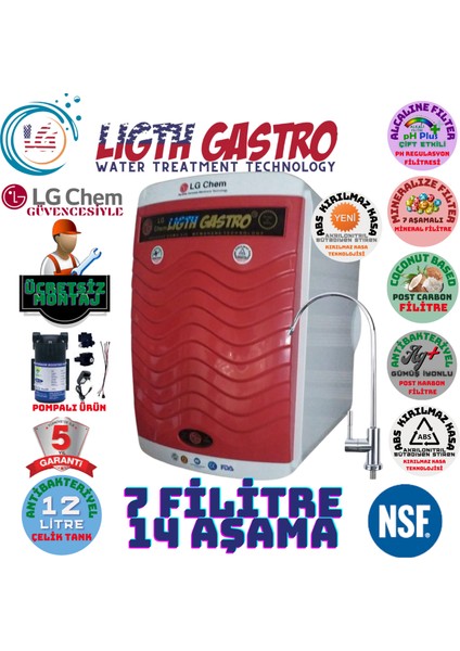 Light Gastro Lg Chem Gold Plus Pompalı Ücretsiz Montaj  Beyaz - Kırmızı Renk 12 Litre 14 Aşama 7 Filitre Su Arıtma Cihazı