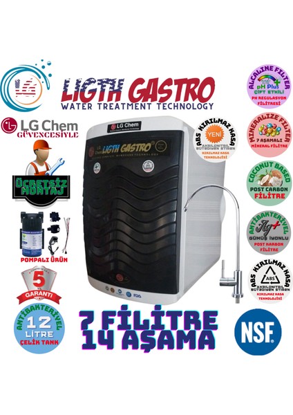 Light Gastro Lg Chem Gold Plus Pompalı Ücretsiz Montaj  Beyaz - Siyah Renk 12 Litre 14 Aşama 7 Filitre Su Arıtma Cihazı