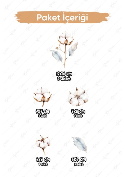 Pamuk Çiçeği ve Yapraklar Soft Renklerde Dekorasyon Sticker Seti, Bahar Çiçekleri Sticker