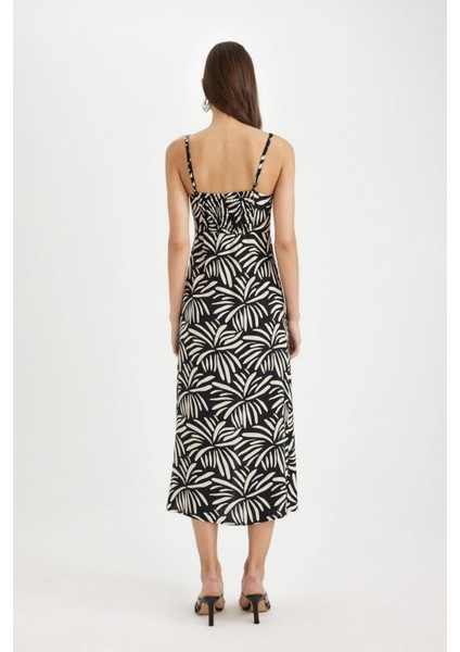 V Yaka Tropikal Desenli Maroken Askılı Maxi Elbise A9178AX24SM