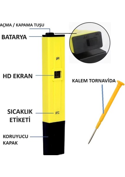 Dijital Ph Metre Ölçüm Akvaryum Su Sıvı Alkali Ölçme Cihazı Ph Ölçer Pil ve Iki Adet Çözelti Dahil