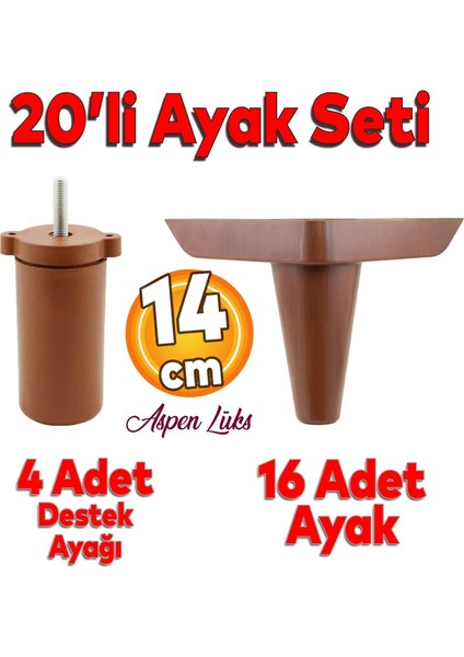 20'li Set Aspen Lüks Mobilya Koltuk Kanepe Tv Ünitesi Yükseltme Destek Ayağı 14 cm Kahve Ayakları