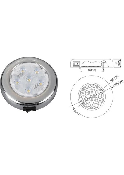 Krom Düğmeli Tavan Lambası 6 Ledli 12V Gün Işığı 10 cm