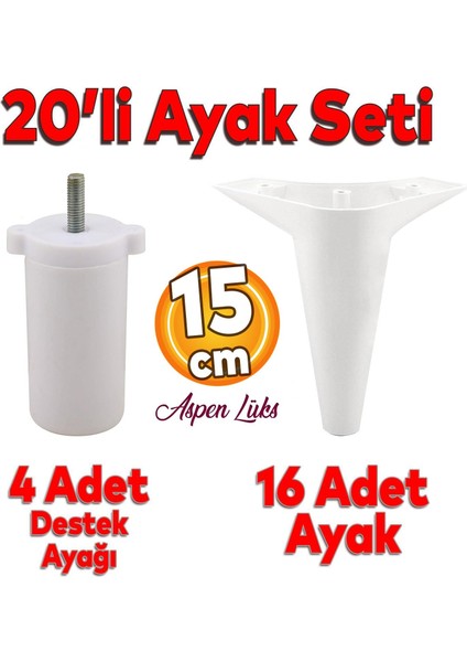 20'li Set Aspen Lüks Mobilya Koltuk Kanepe Tv Ünitesi Yükseltme Destek Ayağı 15 cm Beyaz Ayakları