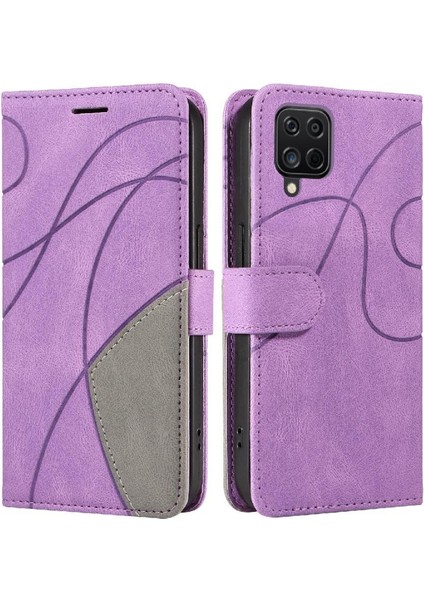 Kart Yuvası Standı Iki Renkli Dikiş Pu ile Samsung Galaxy A12 Için Kılıf (Yurt Dışından)