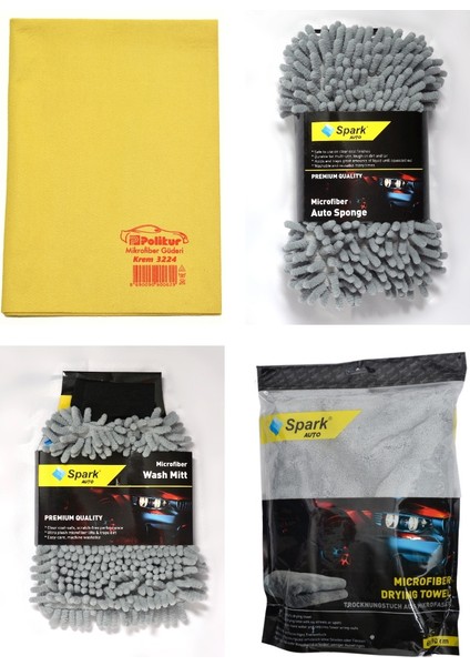 3224 Güderi Bez & Spark 7040 Sünger & Spark 7050 Eldiven & Spark 2316 Peluş Bez (4'lü Set)