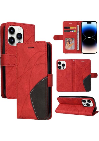 IPhone 15 Için Kılıf Pro Iki Renkli Dikiş Pu Deri Flip Folio Kılıf ile (Yurt Dışından)