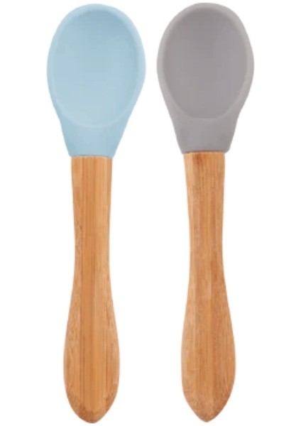 Silikon Mama Kaşığı 2li Bambu Saplı 9+ Ay Mineral Blue - Powder Grey