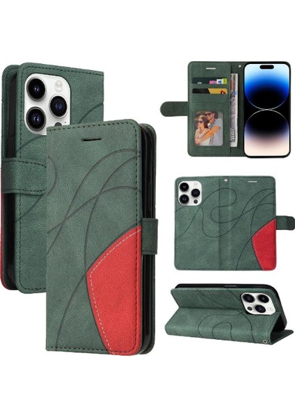 IPhone 15 Için Kılıf Pro Iki Renkli Dikiş Pu Deri Flip Folio Kılıf ile (Yurt Dışından)