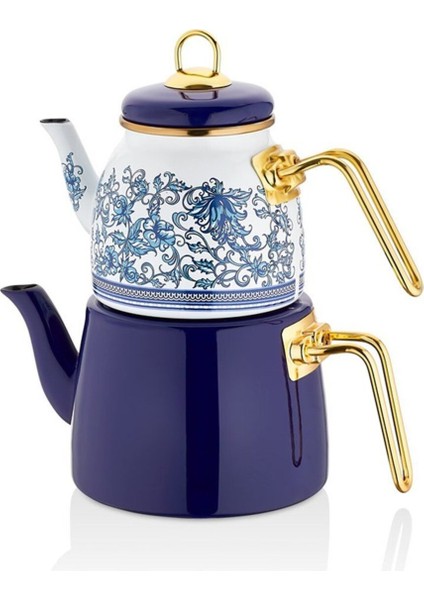 Lacivert Elite Class Emaye Çaydanlık Motif 200807 Mavi Çini Desen Osmanlı Kütahya Emaye
