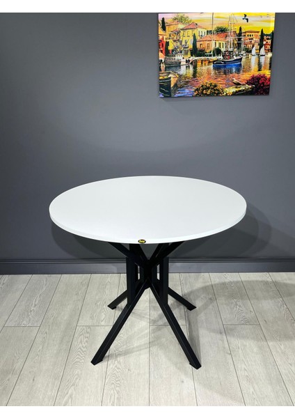 Sedef Yuvarlak Mutfak Masası Yemek Masası Balkon Masası Metal Siyah Ayak 100 cm
