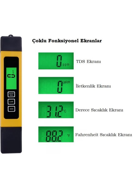 Tds Sıcaklık Iletkenlik Metre 3 In 1 Ölçüm LED Işıklı Su Sıvı Analiz Cihazı