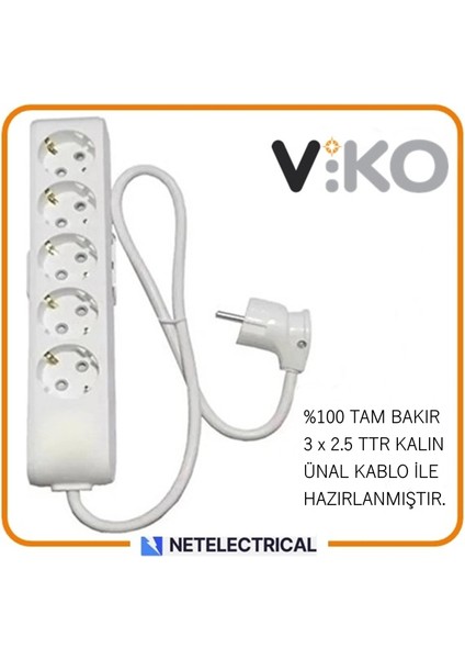 Multi-Let 5'li 4 Metre Topraklı Çocuk Korumalı Grup Priz (3x2.5 Ttr Tam Bakır Kalın Kablolu)