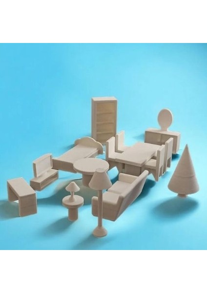 Oyuncak Ev- Maket Için 16 Parça Mobilya Seti (Beyaz)