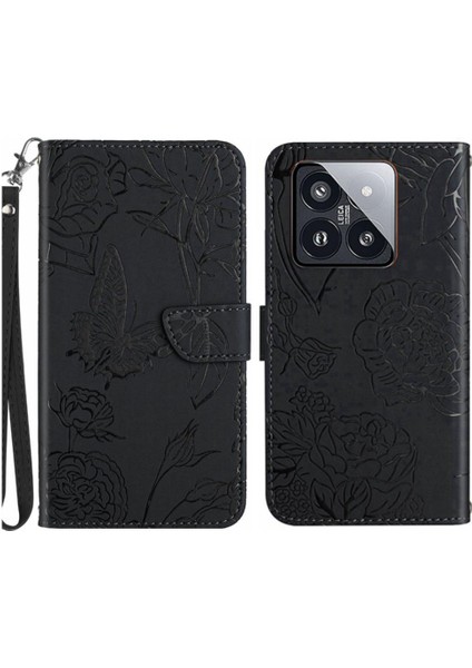 Xiaomi 14 Pro Pu Deri Kapak Çevirin Çiçekler ve Kelebekler Durumda (Yurt Dışından)