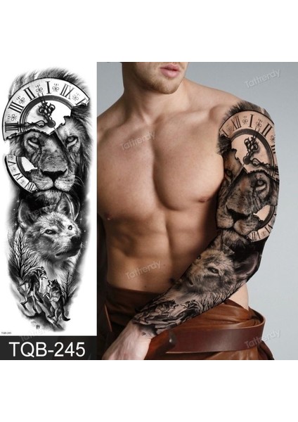 Gerçekci Geçici Aslan Saat ve Kurtlar Kol Kaplama Tattoo Dövme Modelleri fiyatları