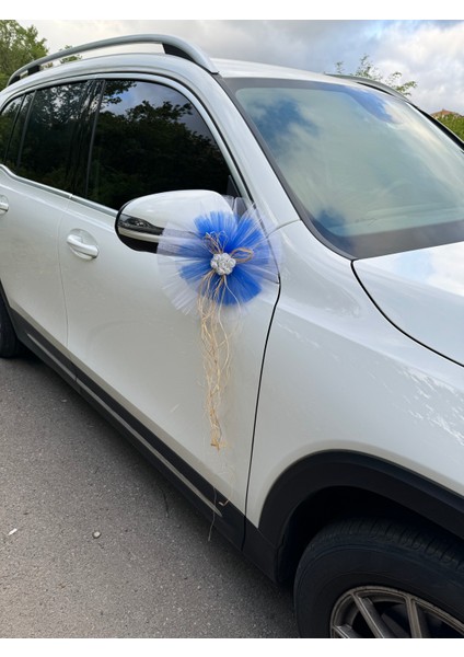 5 Adet Beyaz Mavi Kristal Tül Beyaz Latex Gül Doğal Rafya Detaylı Düğün Nikah Kına Sünnet Konvoy Süsü